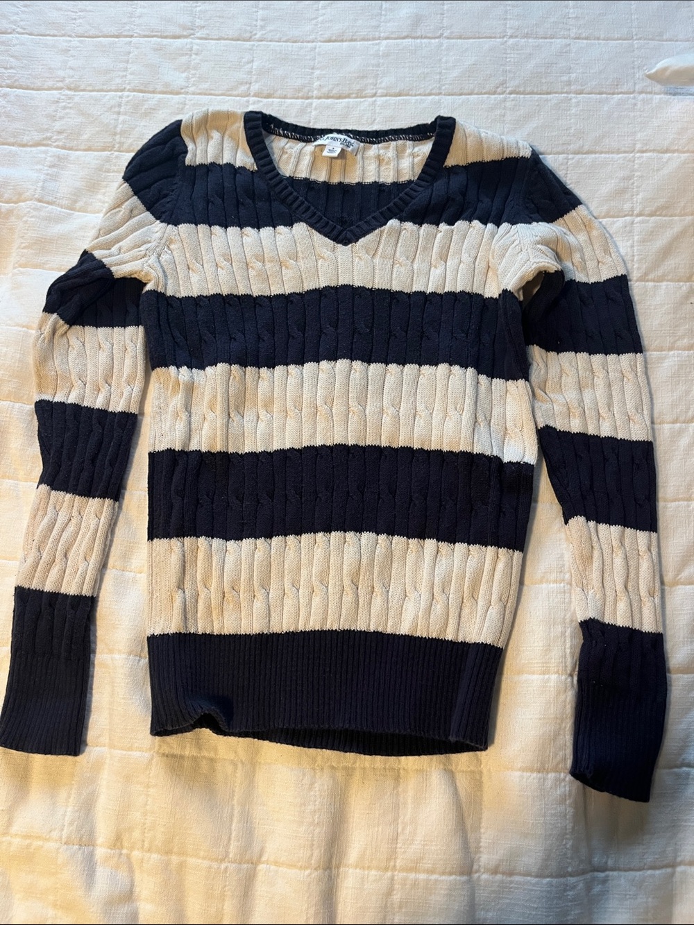 St. John's Bay Navy and Cream Striped V-Neck Sweater